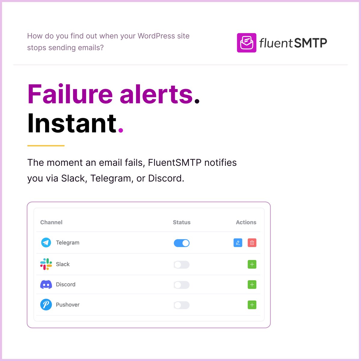 FluentSMTP's tweet photo. FluentSMTP sends you a real-time notification the moment an email fails! 😎

✅ Slack
✅ Telegram
✅ Discord 

Most SMTP plugins don't offer this at all!

The ones that do charge for it 🙃 https://t.co/cmbV9Hstmy