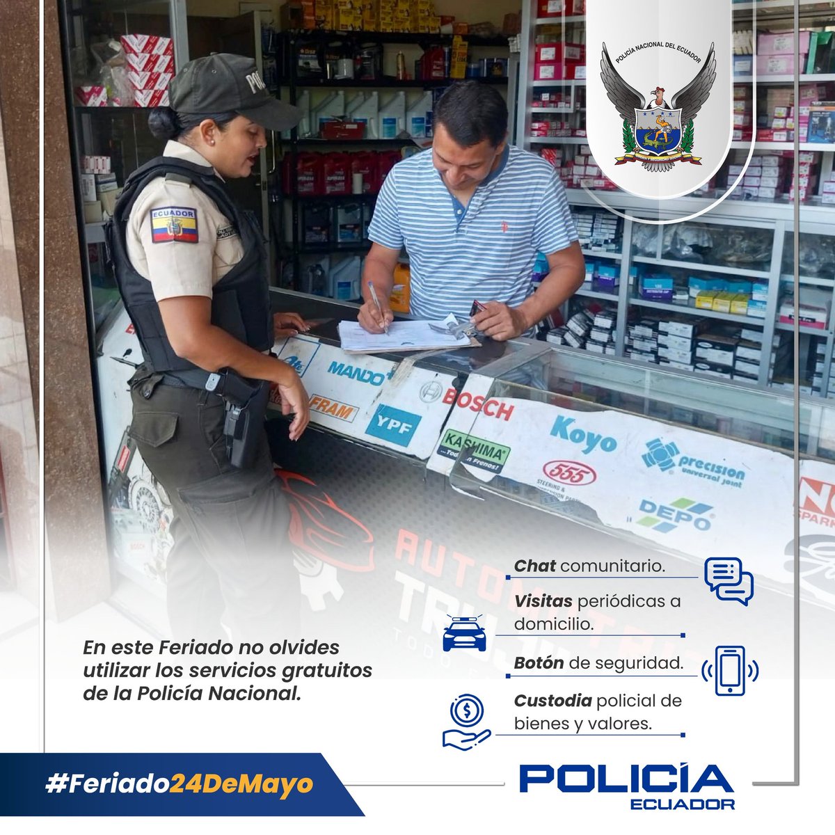 PoliciaEcuador's tweet photo. 🚔🚨TU SEGURIDAD ES NUESTRA PRIORIDAD

Recuerda que la #PolicíaEcuador pone a tu disposición servicios gratuitos para brindarte tranquilidad durante tus viajes y actividades:

✅ Chat comunitario
✅ Visitas periódicas a domicilio
✅ Botón de seguridad
✅ Custodia policial de bienes y valores

Disfruta el feriado con responsabilidad y prevención.

#Feriado24DeMayo
#ServirYProtegerConFirmeza