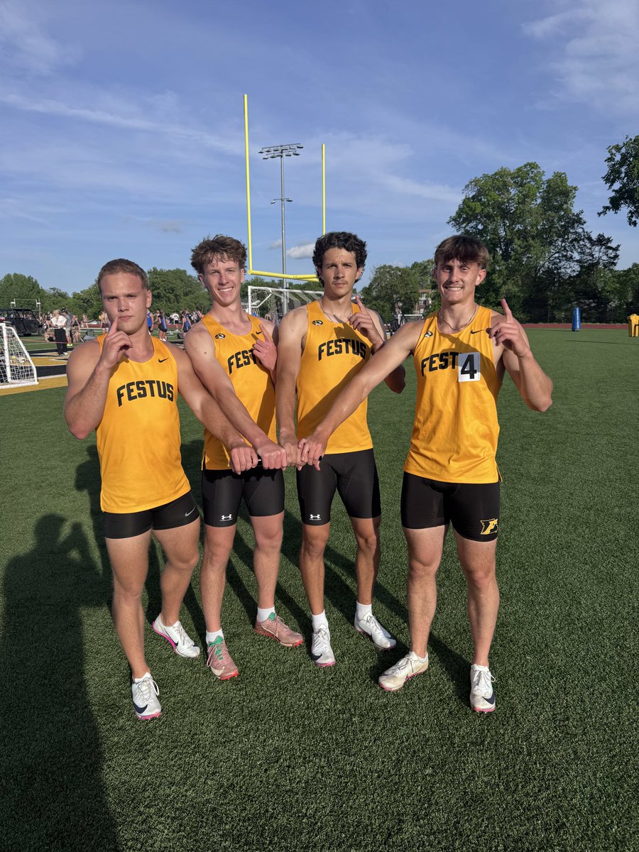 FHSMensTrack's tweet photo. Two more qualifying teams to State. 4x100 &amp; 4x200 relays. Both new school records!
@FESTUSAthletics  Cohen Compton, Quinn Stucke, Rowan Stucke, and Jackson Frank. https://t.co/NPIc11PDOP
