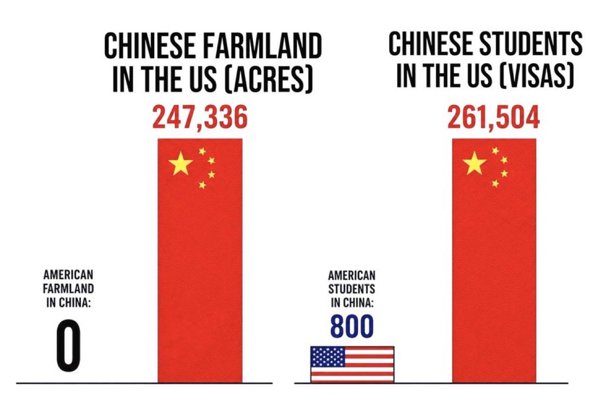 helen_maga99's tweet photo. 🚨 中共对美国单方面渗透太猖狂了！
中国人在美国拥有247,336英亩农田！ 而美国人在中国拥有0英亩！
中国学生在美国读书：261,504人！ 美国学生在中国：仅800人！
这根本不是正常交流，这是彻头彻尾的单方面入侵！
中共一边疯狂买下美国战略农田、大���输送留学生（很多是间谍和技术窃贼），一边把自己的国家大门死死关住，不让美国人有任何对等机会。
美国再不醒悟，就要被中共从内部彻底掏空了！
必须立刻立法限制中共购买美国农田！严格审查中国留学生！终止这种不对等的荒唐局面！
不能再让中共占尽便宜了！
关注@helen_maga99，@helengmaga 每天不是惊喜就是惊悚！