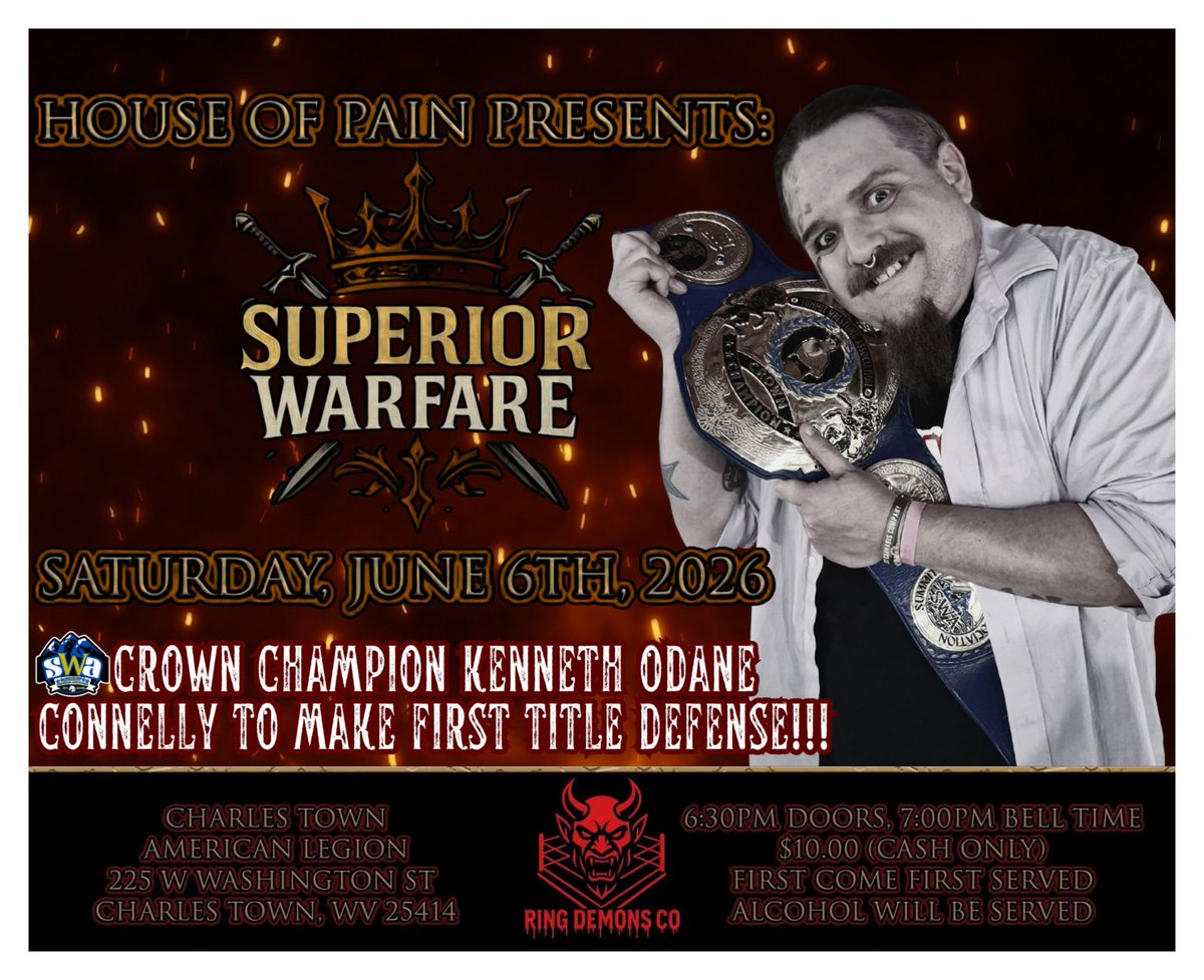 Summitpro_PA's tweet photo. On June 6th our friends at HOUSE of PAIN presents: SUPERIOR WARFARE!!!

On that night, new SWA Crown Champion Kenneth Odane Connelly will make his first defense on HoPWF soil after joining forces with SWA Tag Team Champions The Calamity! https://t.co/6dLKTMvWrN