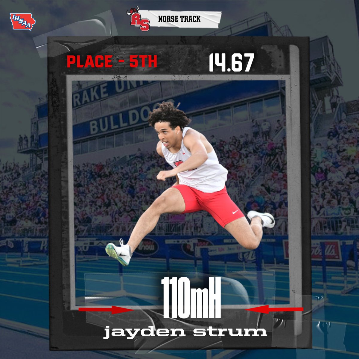 RSNorseScores's tweet photo. ☑️ STATE ☑️ 

Congrats to Roland Story senior Jayden Strum on  qualifying for finals in the 110m High Hurdle event and competing in the 2A STATE MEET. 

Strum rolls and crosses the tape in 5th place! 

Congrats Jayden on closing out your Norse career with a medal! 

#iahstrk https://t.co/hr9e3XrA4K