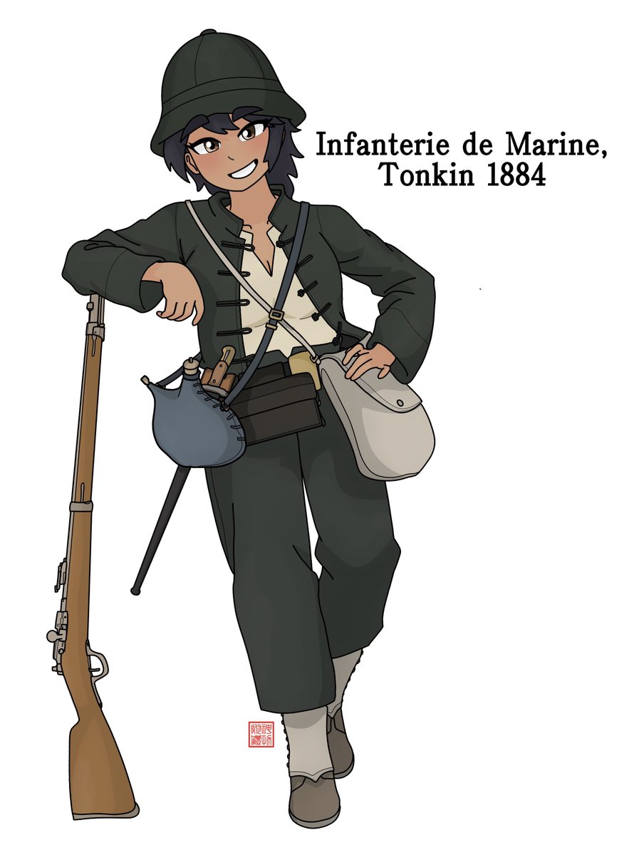 shengongfuti3's tweet photo. "Marsouin" tomboy of the Infanterie de Marine wearing a lightweight uniform made of native cloth, Tonkin 1884.

Based on a photograph by Dr. Edouard Hocquard. https://t.co/OdR44n9b0A
