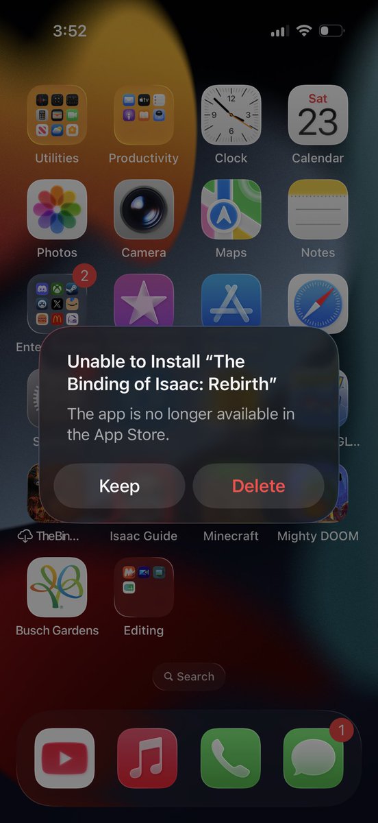 thatspecialguy2's tweet photo. @tyronerodriguez I got a new phone and transferred all my data to the new phone but The Binding of Isaac won’t launch cause it doesn’t exist on the App Store anymore.

Did it get pulled from IOS or what? It’s like one of the only games I play on my phone. https://t.co/ack1iIugtm