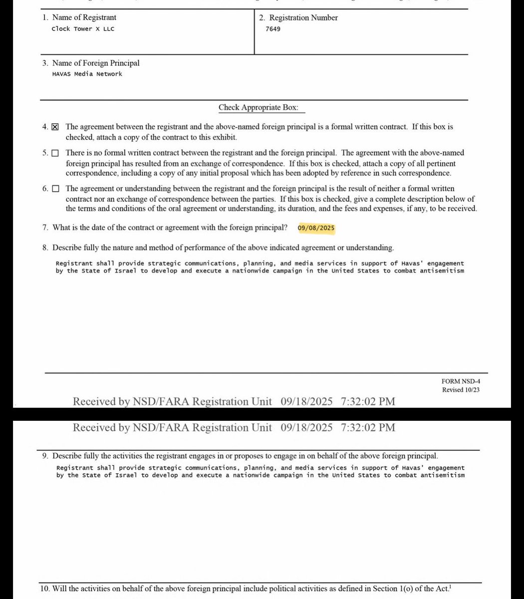 KatieSmitho26's tweet photo. @mandyarthur @grok What’s interesting is that the date of contract on the FARA registration is listed as 9/8- two days BEFORE Charlie died. The FARA registration just wasn’t processed until the 18th- so that’s when they officially “registered”. 

To me this makes it wayyy more suspicious…. https://t.co/LIEBJofgZv