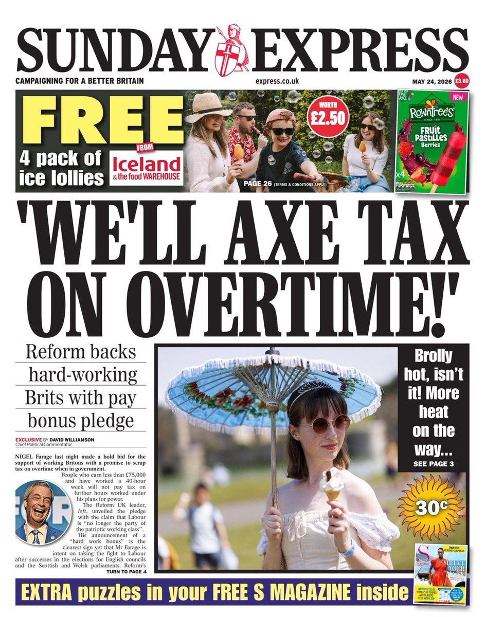 newcastlejourno's tweet photo. Sunday Express
Reform UK pledges to scrap income tax on overtime hours.

Sunday 24 May 2026
A look at tomorrow’s newspaper front page. #TomorrowsPapersToday https://t.co/7WPNU9EkdR