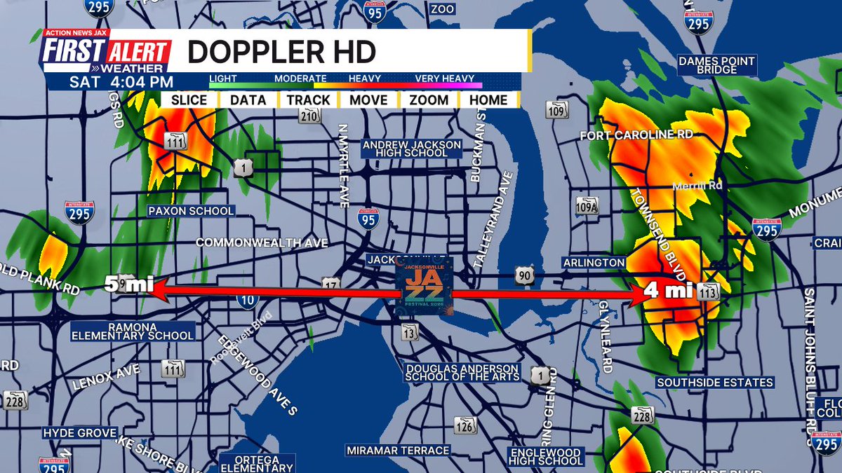 CSimmaWX's tweet photo. JAZZ FEST: The first showers of the day in Jax are basically surrounding Jazz Fest in Downtown. As of this post just after 4 PM, there is no lightning with these showers, but I expect more rain &amp; storms (&amp; lightning) this evening farther to the west #FirstAlertWX https://t.co/d1luvF85cP