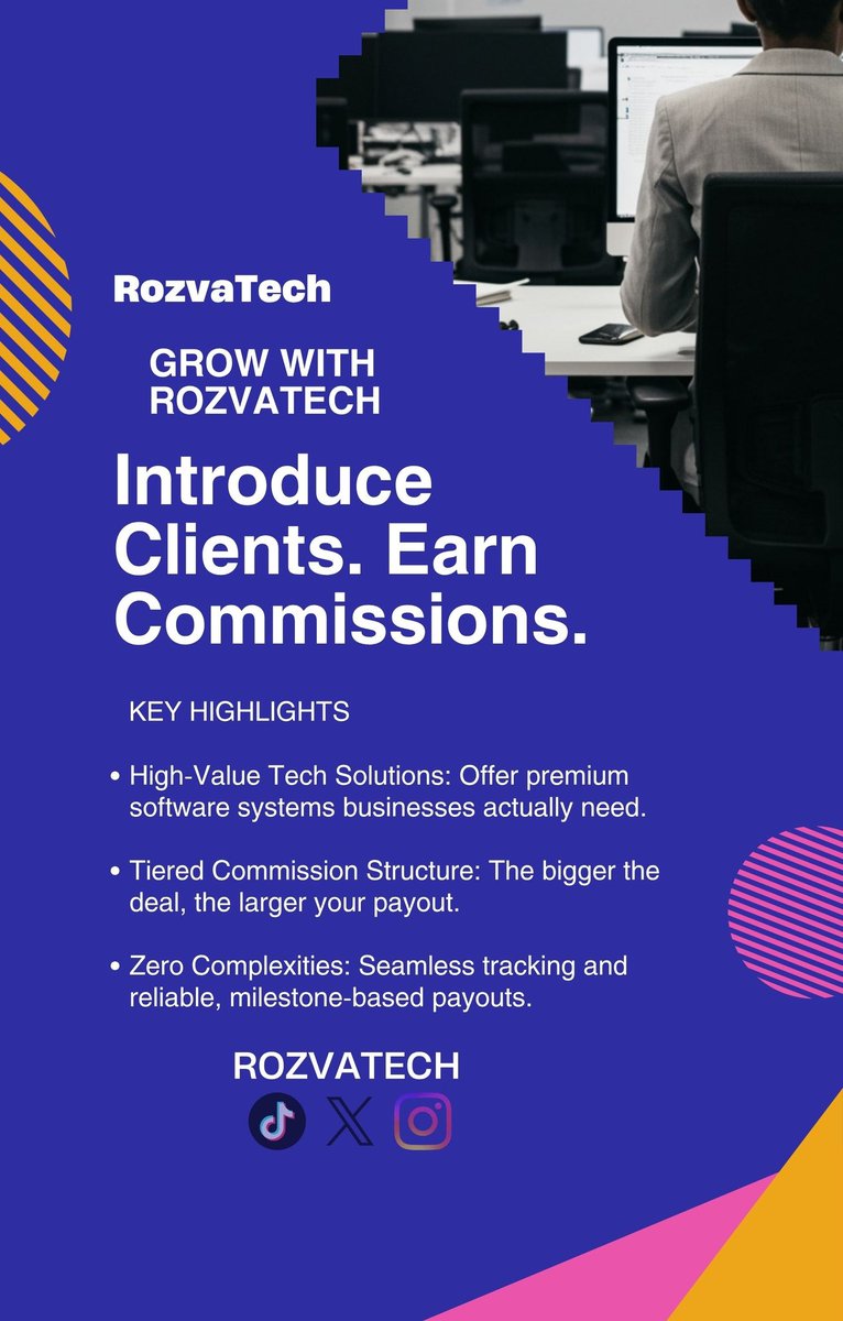rozvatech's tweet photo. GROW WITH ROZVATECH
Introduce Clients. Earn Commissions.

Become an Official Referral Partner
Scale your earnings by connecting businesses with our industry-ready tech solutions. You bring the clients; we handle the deployment—you get a competitive cut of every successful deal. https://t.co/bARtUbUd5Q