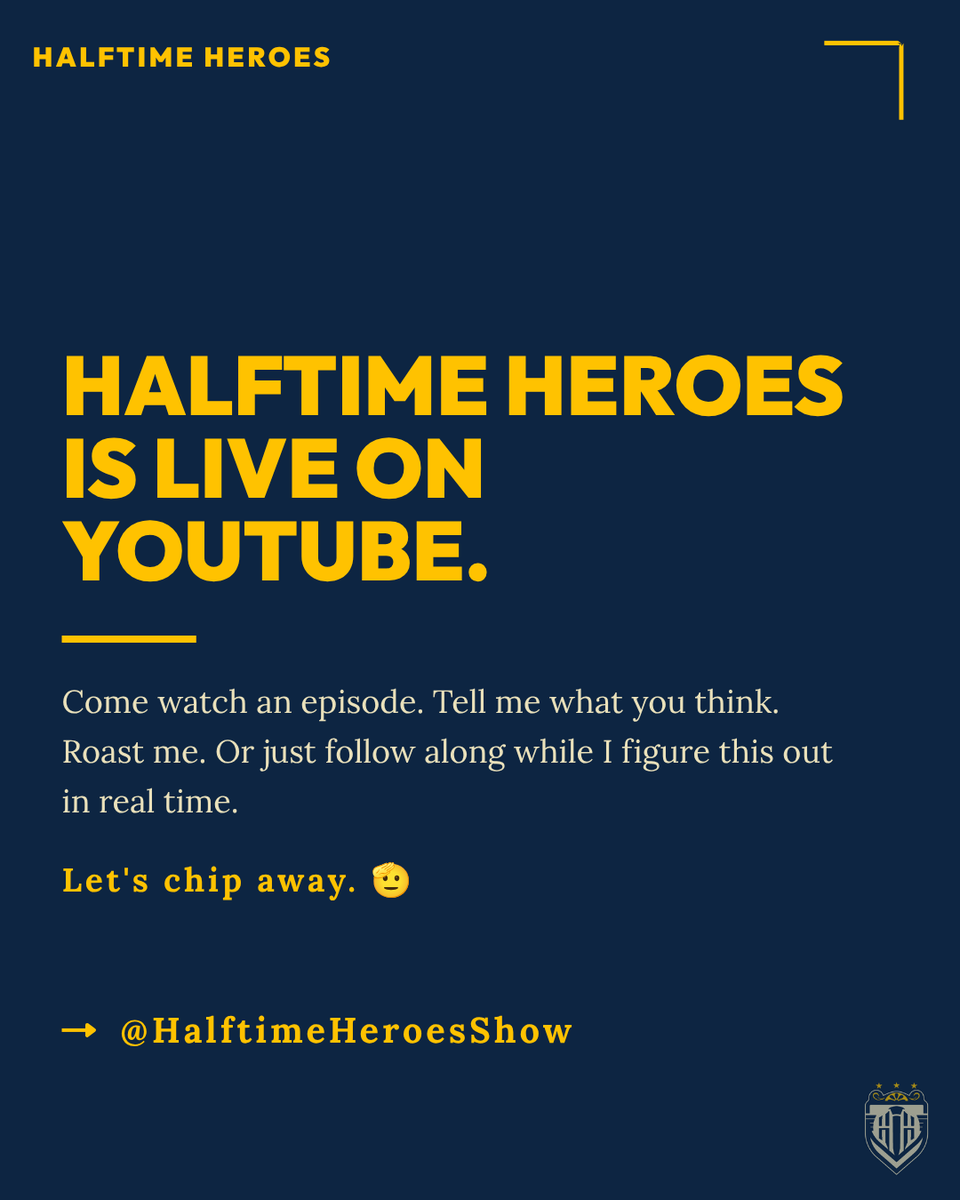 TeamHalftime's tweet photo. You can say hey anywhere, but YouTube will be my home base.

You can check out what Halftime Heroes is doing over there: https://t.co/3JYtbtJS1f

Let's chip away 🫡 https://t.co/7tgf6q1cbs