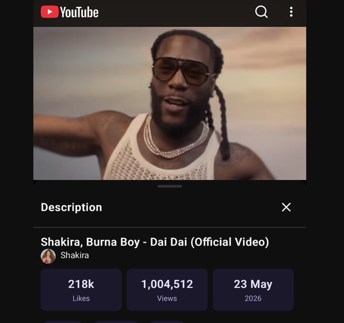 1BENNY7G's tweet photo. SHAKIRA AND BURNA BOY’S “DAI DAI” HAS SURPASSED 1 MILLION VIEWS ON YOUTUBE IN JUST 3 HOURS! 🔥 https://t.co/PgNrHxxzUE