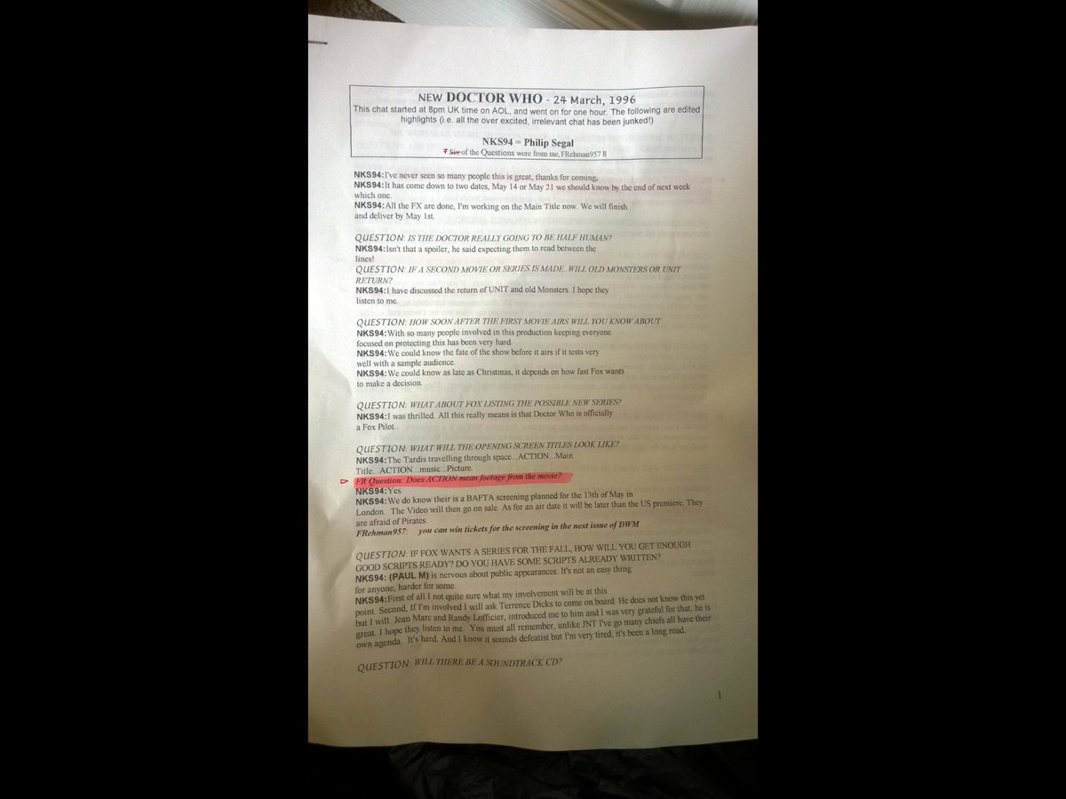 Faiz_R's tweet photo. As the #DoctorWho TV Movie 4K lands, I dug out a 1996 time capsule: a printed log of an AOL chat with producer Philip Segal 2 months before it aired!
Page 1: Dodging the "half-human" question, fear of pirates at the UK BAFTA screening, &amp; wanting Terrence Dicks back. (1/4) https://t.co/ZkqfcEjt2r