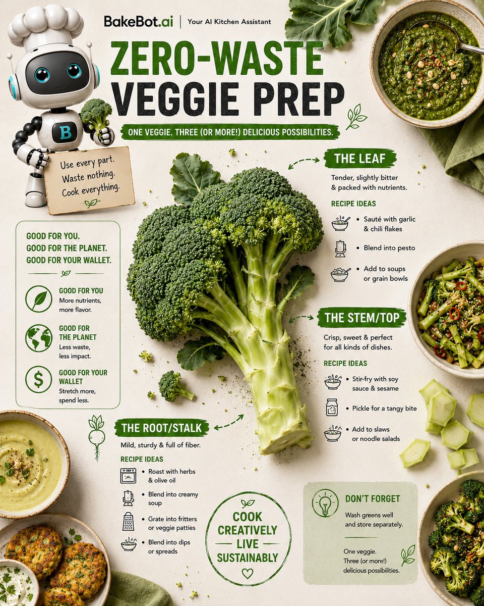 bakespace's tweet photo. You've been throwing out half your broccoli and didn't even know it. Welcome to the BakeBot School for Home Cooks 🍳

Today's Class 👉 Zero-Waste Veggie Prep

One head of broccoli. Three delicious possibilities. Nothing wasted.

Follow for more or go try https://t.co/ZHvWMPaSRY, it's free!

#bakebot #cooking #mealprep #broccoli #culinaryschool #veggies #grocery #smartkitchen #homecooks