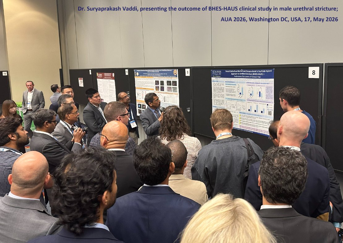 JapanGnc's tweet photo. Thanking all those who joined the presentation on Buccal Epithelium Hashed and Encapsulated in Scaffold – Hybrid Approach to Urethral Stricture (BHES-HAUS) clinical study outcome at the AUA 2026 in Washington DC, USA. Abstract available at https://t.co/g2ZjLystEe

BHES-HAUS: Major takeaways:
• Patient comfort – BHES-HAUS is safe and a single-sitting procedure.
• Physician convenience – BHES-HAUS is a less-invasive endoscopic procedure that can be done in any urology setup.
• Procedural simplicity – No laboratory-based cell culture or transportation is needed.
• Proven safety & Clinical efficacy: In all 15 patients who underwent BHES-HAUS, safety with efficacy shown by recurrence-free outcomes and no need for self-intermittent catheterization in 73.3% of the patients.

BHES-HAUS study included patients who had undergone prior procedures viz., DVIU, and BMG plasty, whose failure had resulted in stricture recurrence and those with post-TURP stricture. Poster presented in AUA 2026 can be viewed at: https://t.co/ybJBBpVnR9

Special thanks to the key people instrumental in reaching these heights, who themselves could join: Dr. Senthil Kumar Rajappa, who did the cell culture work for the Buccal epithelium Expanded and Encapsulated in Scaffold‐Hybrid Approach to Urethral Stricture (BEES‐HAUS) study in India and Japan, whose simplified form is BHES-HAUS; Prof. Suryaprakash Vaddi, whose brainchild was BEES-HAUS, followed by BHES-HAUS; Prof. Dmitriy Nikolavsky, whose work inspired us towards simplifying. Special appreciation and acknowledgement to Prof. Akio Horiguchi, whose validation of BEES-HAUS in animal studies to prove buccal cell engraftment is the first of its kind in the world. It is to be noted that Dr. Suryaprakash proved the clinical efficacy and engraftment for BEES-HAUS, followed by Prof. Horiguchi’s clinical application in Japan. @asukamaru513 @suryaprakashuro @UroRecon @UrologyTimes @WVU_Urology @BURSTurology @UMNUrology @EurUrolFocus @urotoday @nyuniversity @UHN @UofT @Cambridge_Uni @UniofOxford @EurUrolOncol @UrowebESU @UrowebESU @Uroweb @CleClinicUro @MayoUrology @UclaUrology @NM_Urology @bradyresidency @MGHUrology @VUMCurology @JEFFUrology @bcm_urology @VattikutiRobotx @VattikutiUrol  @UroAcademic @UrologyCareFdn @WakeForestGURS @RoboUro #AUA2026 #Urology #UrethralStricture #Endourology #ReconstructiveUrology #RegenerativeMedicine #TissueEngineering #ClinicalInnovation #TranslationalResearch #BHESHAUS #BEESHAUS #IndiaJapanCollaboration #celltherapy