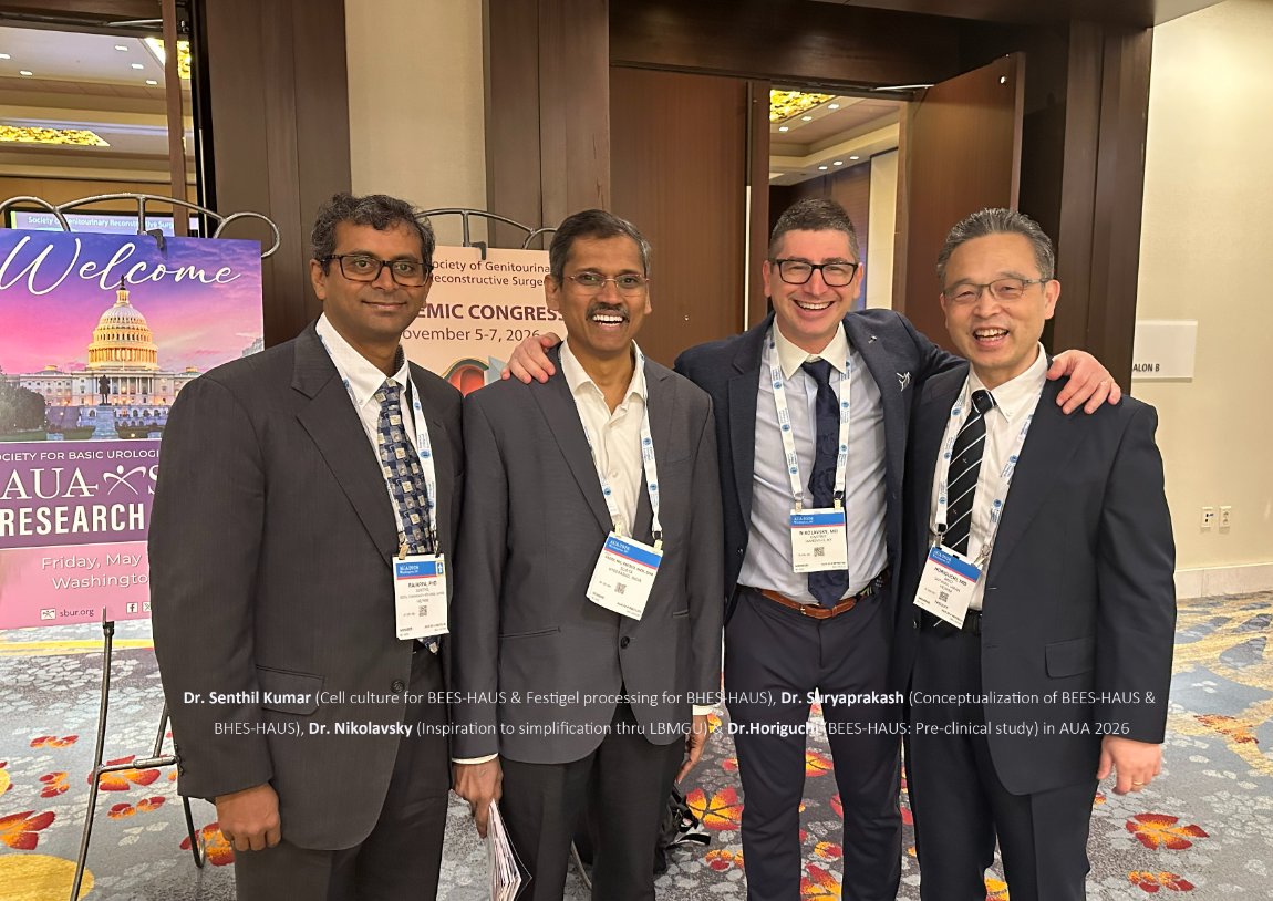 JapanGnc's tweet photo. Thanking all those who joined the presentation on Buccal Epithelium Hashed and Encapsulated in Scaffold – Hybrid Approach to Urethral Stricture (BHES-HAUS) clinical study outcome at the AUA 2026 in Washington DC, USA. Abstract available at https://t.co/g2ZjLystEe

BHES-HAUS: Major takeaways:
• Patient comfort – BHES-HAUS is safe and a single-sitting procedure.
• Physician convenience – BHES-HAUS is a less-invasive endoscopic procedure that can be done in any urology setup.
• Procedural simplicity – No laboratory-based cell culture or transportation is needed.
• Proven safety & Clinical efficacy: In all 15 patients who underwent BHES-HAUS, safety with efficacy shown by recurrence-free outcomes and no need for self-intermittent catheterization in 73.3% of the patients.

BHES-HAUS study included patients who had undergone prior procedures viz., DVIU, and BMG plasty, whose failure had resulted in stricture recurrence and those with post-TURP stricture. Poster presented in AUA 2026 can be viewed at: https://t.co/ybJBBpVnR9

Special thanks to the key people instrumental in reaching these heights, who themselves could join: Dr. Senthil Kumar Rajappa, who did the cell culture work for the Buccal epithelium Expanded and Encapsulated in Scaffold‐Hybrid Approach to Urethral Stricture (BEES‐HAUS) study in India and Japan, whose simplified form is BHES-HAUS; Prof. Suryaprakash Vaddi, whose brainchild was BEES-HAUS, followed by BHES-HAUS; Prof. Dmitriy Nikolavsky, whose work inspired us towards simplifying. Special appreciation and acknowledgement to Prof. Akio Horiguchi, whose validation of BEES-HAUS in animal studies to prove buccal cell engraftment is the first of its kind in the world. It is to be noted that Dr. Suryaprakash proved the clinical efficacy and engraftment for BEES-HAUS, followed by Prof. Horiguchi’s clinical application in Japan. @asukamaru513 @suryaprakashuro @UroRecon @UrologyTimes @WVU_Urology @BURSTurology @UMNUrology @EurUrolFocus @urotoday @nyuniversity @UHN @UofT @Cambridge_Uni @UniofOxford @EurUrolOncol @UrowebESU @UrowebESU @Uroweb @CleClinicUro @MayoUrology @UclaUrology @NM_Urology @bradyresidency @MGHUrology @VUMCurology @JEFFUrology @bcm_urology @VattikutiRobotx @VattikutiUrol  @UroAcademic @UrologyCareFdn @WakeForestGURS @RoboUro #AUA2026 #Urology #UrethralStricture #Endourology #ReconstructiveUrology #RegenerativeMedicine #TissueEngineering #ClinicalInnovation #TranslationalResearch #BHESHAUS #BEESHAUS #IndiaJapanCollaboration #celltherapy