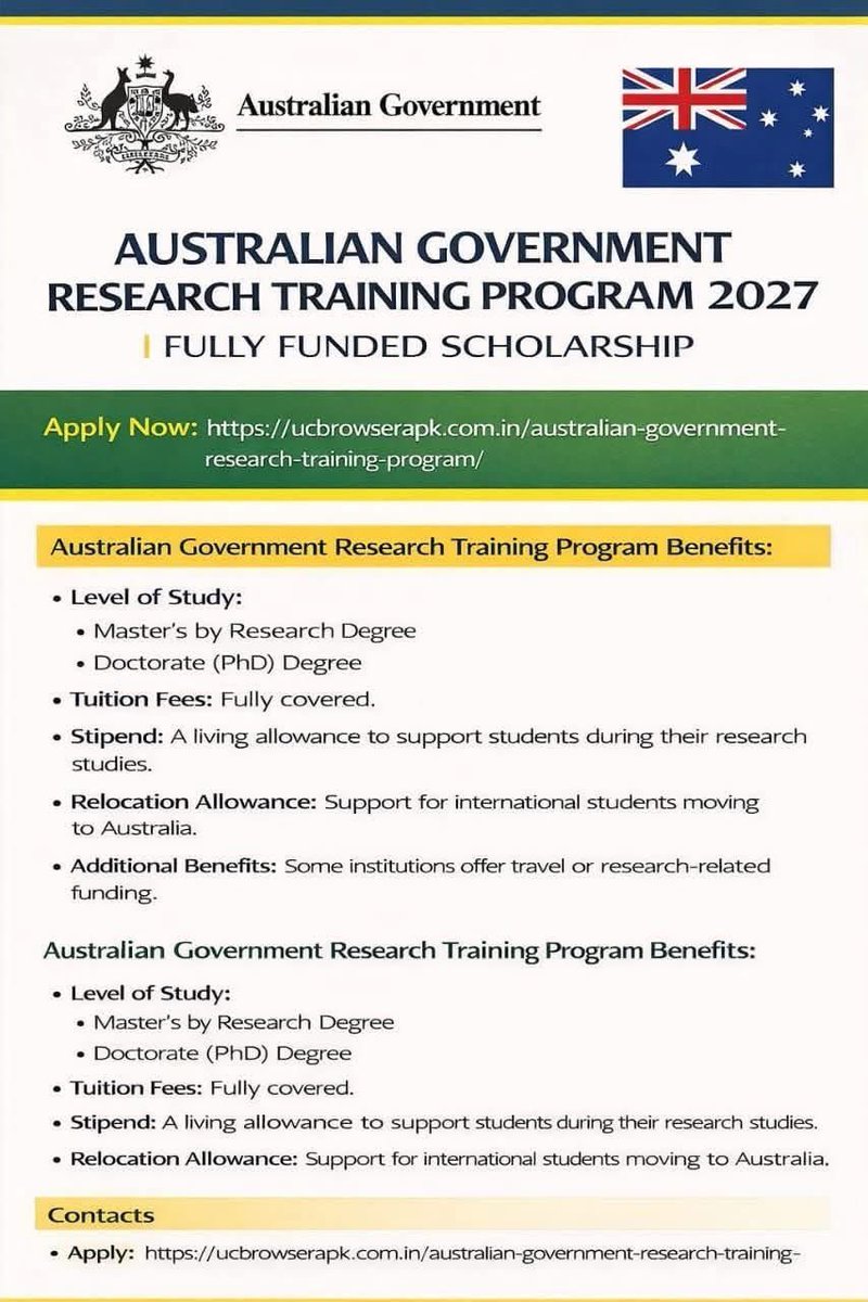 MrsScotty_M's tweet photo. Australian Government Research Training Program 2027 | Fully Funded Scholarship

Apply Now 

Australian Government Research Training Program Benefits:
Level of Study:
Master's by Research Degree
Doctorate (PhD) Degree
Tuition Fees: Fully covered.
Stipend: A living allowance to support students during their research studies.
Relocation Allowance: Support for international students moving to Australia.
Additional Benefits: Some institutions offer travel or research-related funding.