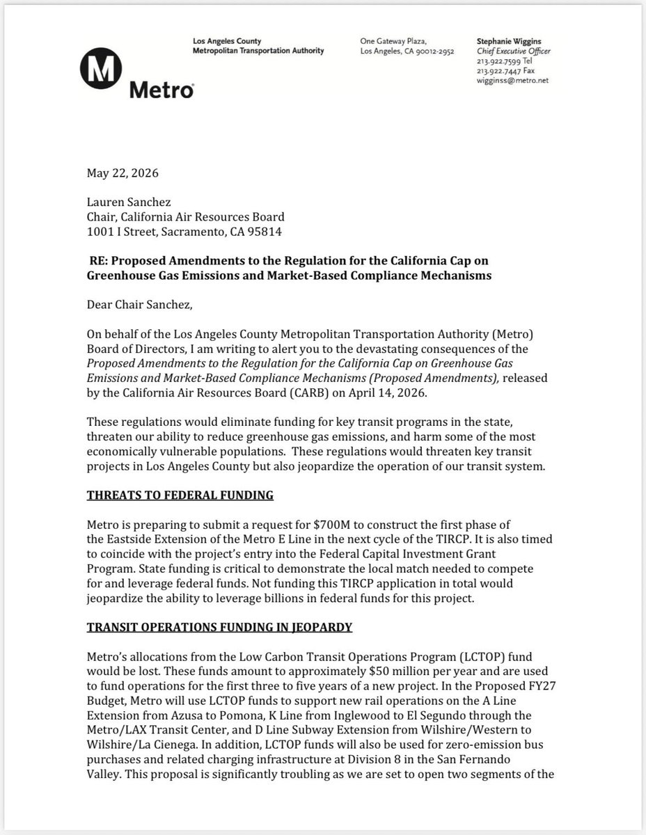 CalTransit's tweet photo. The state’s largest transit agency @metrolosangeles weighs in on @AirResources proposal that will cut $2B from critical housing and transit projects. The impact this will have can’t be downplayed. https://t.co/NyfLviGZTC