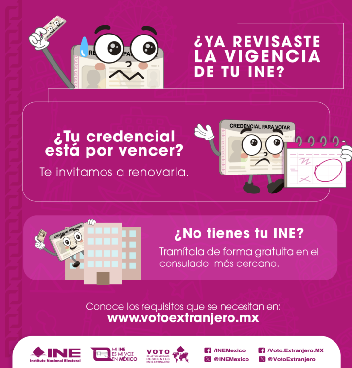 EmbamexSL's tweet photo. ¿Ya revisaste la vigencia de tu credencial?, ¡Si ya expiró, renuévala! 🗳
#VotoExtranjero  #INEMéxico https://t.co/ryuUamBwkT