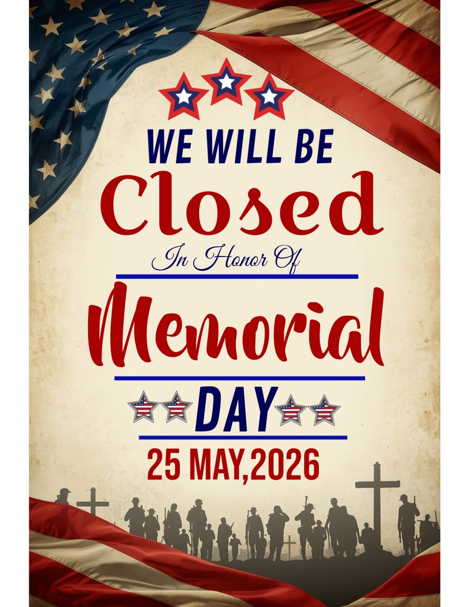 TurtleheadsB's tweet photo. Please note that we will be closed on May 25, 2026, to honor Memorial Day. Thank you for your understanding and support. #MemorialDay #ClosedNotice #Honor https://t.co/xTtMOqhwWR