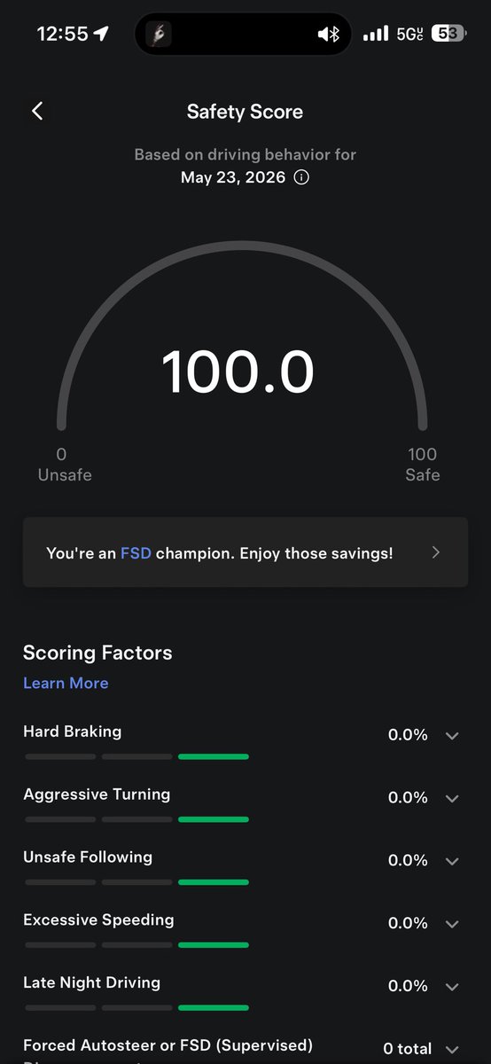 OneGoodJeet's tweet photo. I actually love the new safety score update I don’t touch the wheel anyway

91% FSD since 14.2 🔥 https://t.co/ASQRblEmcu