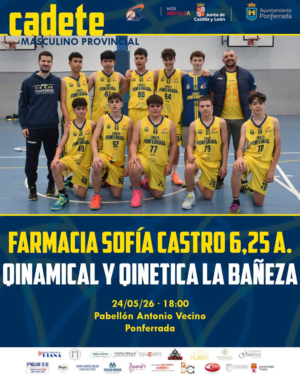 CB625Ponferrada's tweet photo. 🔜 La de la F4 no será la única final del domingo en el Antonio Vecino. A las 18 h, el cadete masculino Amarillo Farmacia Sofía Castro también ejercerá de anfitrión 🆚️ CDA Bañezano en la final provincial. Jornada completa de emociones. ¡No te la pierdas! #CB625 #SomosAmarillos https://t.co/dfk9TtQRHM