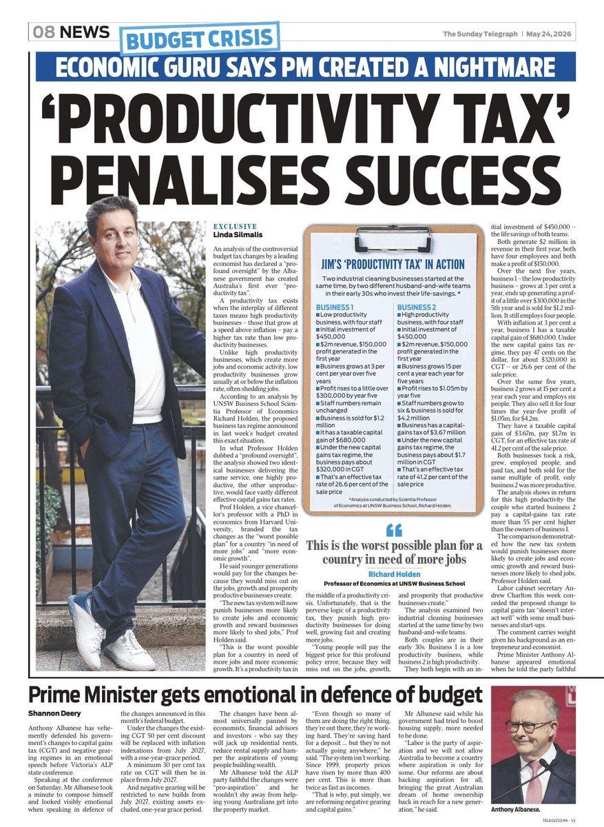 profholden's tweet photo. The last thing we need in the middle of a productivity crisis is a productivity tax. 

"The new tax system will now punish businesses more likely to create jobs and economic growth and reward businesses more likely to shed jobs...This is the worst possible plan for a country in need of more jobs and more economic growth."