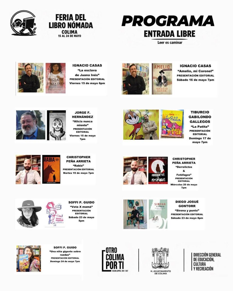 ColimaMunicipio's tweet photo. ¡La lectura y la cultura te esperan en la #FeriaDelLibroNómada! 📖🌟

Ven al Jardín Libertad y disfruta de actividades, libros y momentos especiales para toda la familia en un ambiente lleno de arte e imaginación. 📚

📅 Del 15 al 24 de mayo
⏰ De 11:00 a. m. a 9:00 p. m. https://t.co/spVoDCVlt6