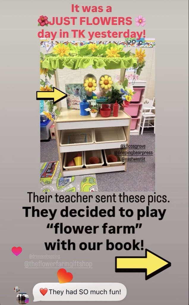 ErinDealey's tweet photo. Be still my heart! It was a JUST FLOWERS day in TK yesterday. ๐ธThey decided to play โFlower farmโ with our book! Illus. Kate Cosgrove/ @SleepingBearBks @EastWestLit Their teacher sent these pics. ๐ธ๐โค๏ธ๐ผ๐โค๏ธ#creativeplay #picturebooks #botany @JMGKids https://t.co/qcINZvNSAn