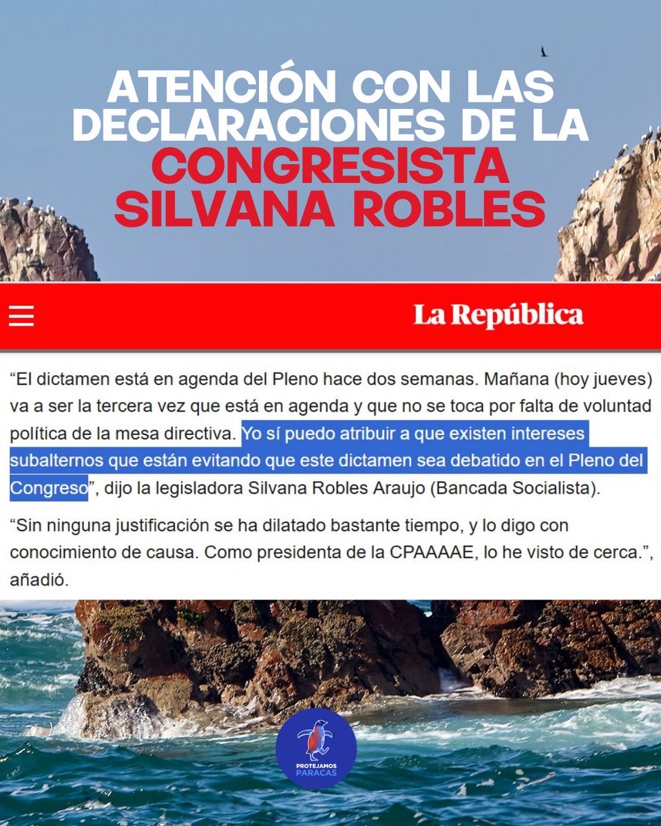 ProtegeParacas's tweet photo. #Urgente | La congresista Silvana Robles (@SilvanaRoblesE), presidenta de la Comisión de Pueblos, declara: "Yo sí puedo atribuir a que existen INTERESES SUBALTERNOS que están evitando que este dictamen sea debatido en el Pleno del @congresoperu", en relación al bloqueo que hubo en el Pleno el pasado jueves para abordar el dictamen que prohibiría la pesca industrial en Reservas Nacionales. @Frospigliosi