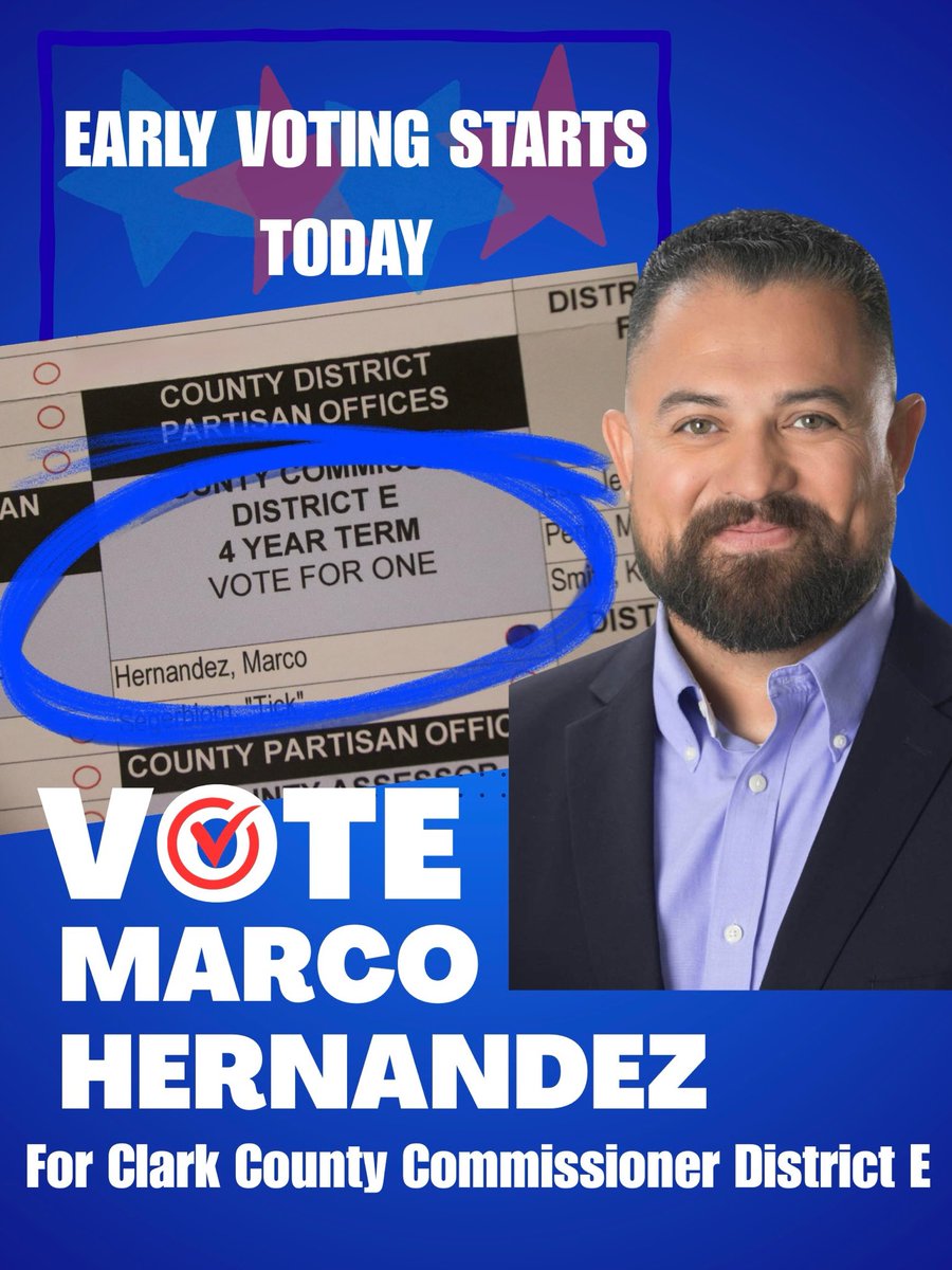 marko_hrndz's tweet photo. Early Voting starts TODAY! Find County Commission District E on your ballot and vote Marco Hernandez, every vote matters. Every voice counts.

#votemarcohernandez #districtE #earlyvoting #clarkcounty #eastside https://t.co/6XUuSqlxsw