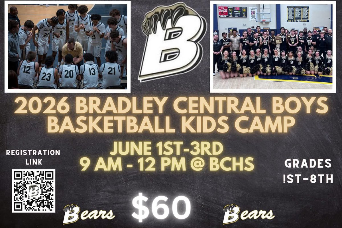 BCBearsHoops's tweet photo. The Bradley Central Boys Basketball program is excited to host its 2026 Kids Camp for boys and girls in 1st through 8th grade. Camp will be held on June 1st, June 2nd, and June 3rd at Bradley Central High School from 9:00 AM to 12:00 PM each day.

Link ⬇️

https://t.co/wLi6X6xeok https://t.co/eMZ03lYy6z