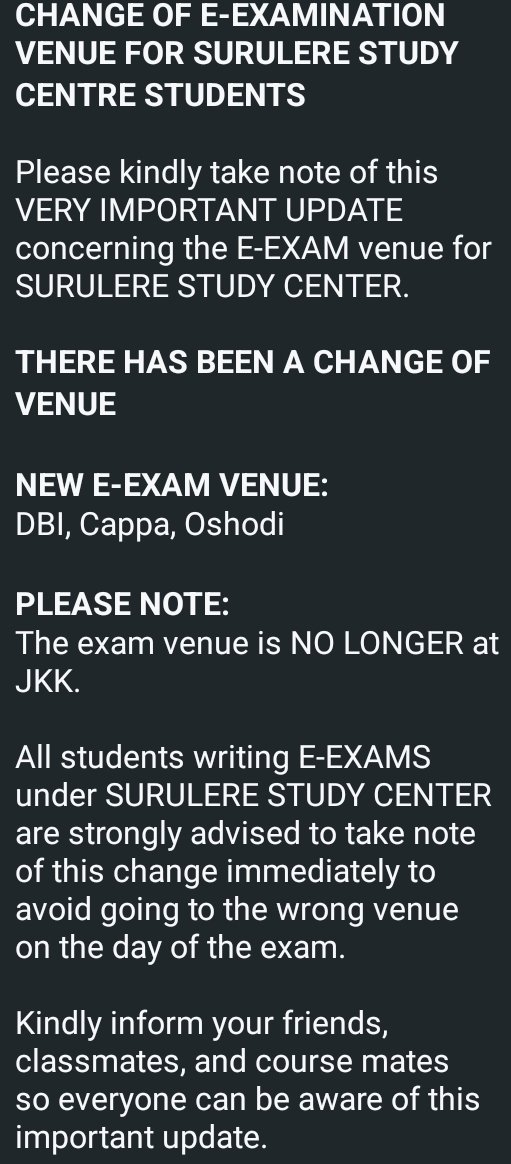 NounUpdate's tweet photo. Please plan your movement early
Confirm your exam date and time
Arrive at the venue on time
Do the necessary preparations ahead

NOUN SOLUTION PROVIDER cares about you and wishes you success in your examinations.

Thank you and best wishes in your exams. https://t.co/UDzlWavYGa
