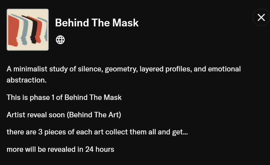 YapCoder's tweet photo. Behind The Mask makes me curious what will come next.

they cooked with the free mint https://t.co/SNWCkMuFiK