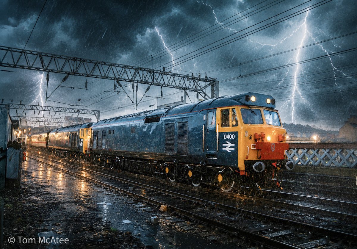 McateeTom's tweet photo. Under a plethora of camera flashlights and bagpipes playing 🏴󠁧󠁢󠁳󠁣󠁴󠁿 🎶 D400 &amp; D433 depart Glasgow with the Midland Scotsman. Actual photo with sky replacement added. Inspired by @TomTheDoodler 5th Feb 1994 📸 ⚡️

⭐️ Prints available ➡️📸🚂 https://t.co/gPWTxjqQnG

#railways @Class50s https://t.co/nIPae5bCRH