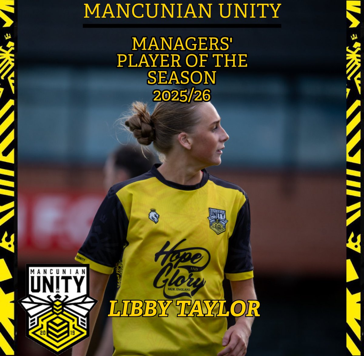 MancunianUnity's tweet photo. Finally, our Managers’ Player of the Season goes to Libby Taylor! 💛🖤 https://t.co/yCp1KHHhVZ