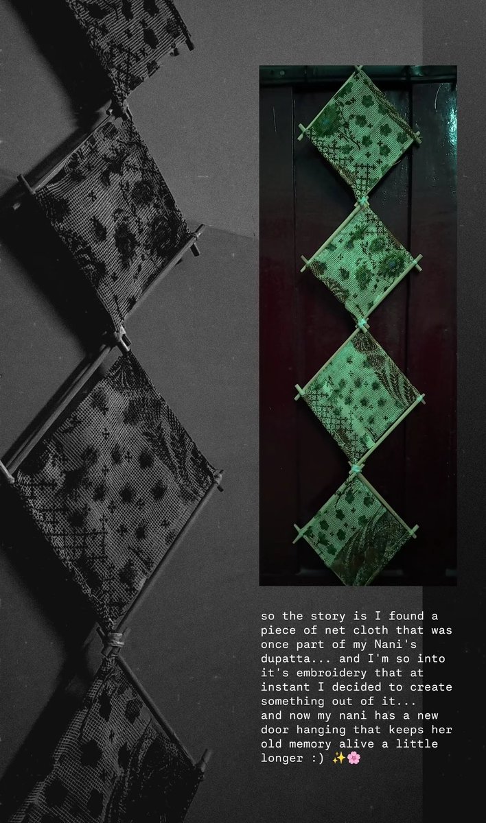nihime_san's tweet photo. so the story is I found a piece of net cloth that was once part of my Nani's dupatta... and I'm so into it's embroidery that at instant I decided to create something out of it...
and now my nani has a new door hanging that keeps her old memory alive for a bit more longer ✨🌸 https://t.co/VgggdUyfai