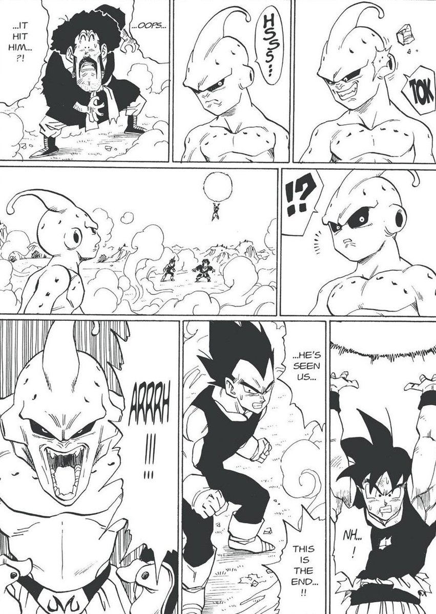 DBMangaPanels's tweet photo. Mr. Satan Tries To Distract Kid Boo, Only For Kid Boo To Quickly Come To Notice Goku Gathering Energy In Order To Create The Spirit Bomb.
Dragon Ball Z Manga Chapter 321

ミスター・サタンは魔人ブウ（純粋）の気を逸らそうとするが、ブウはすぐに、悟空が元気玉を作るためにエネルギーを集めていることに気づいてしまう。
ドラゴンボールZ　漫画 第321話