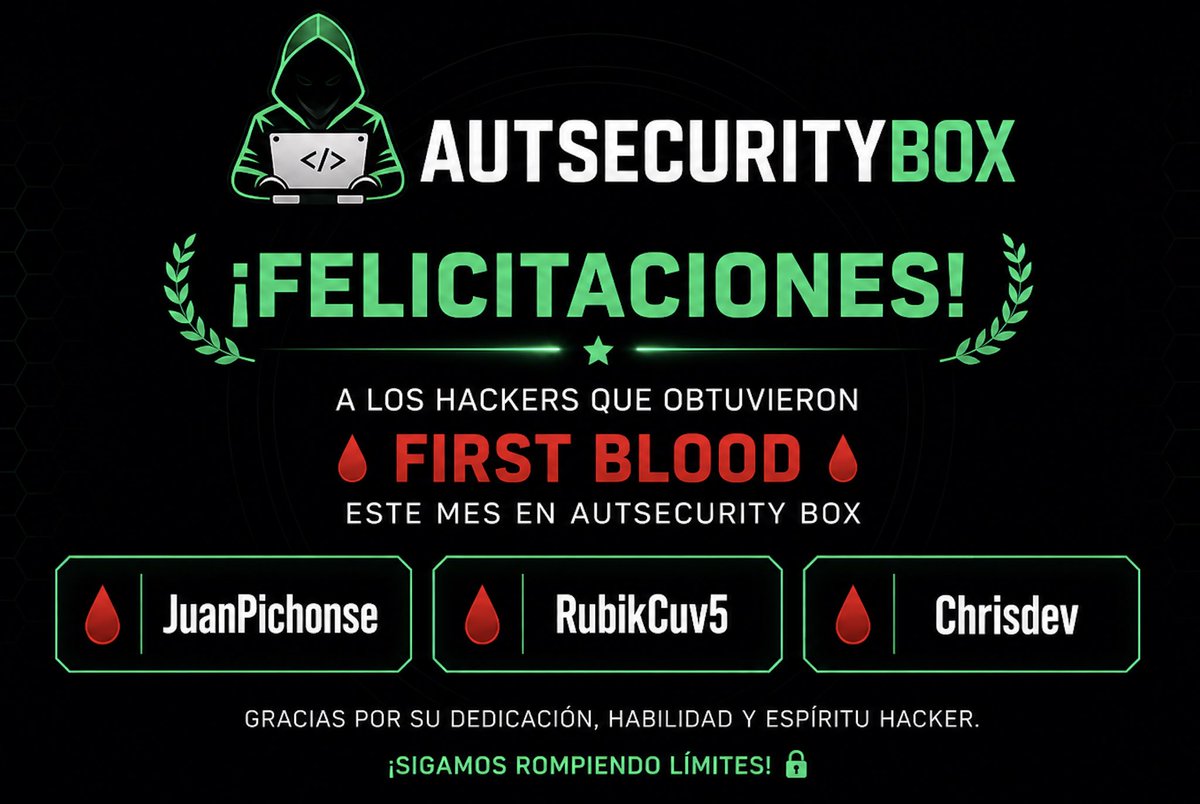 AutSecurityBox's tweet photo. Reconocimiento a los hackers que este mes lograron comprometer máquinas y obtener First Blood en AutSecurity Box.

Felicitaciones a:

🔹 JuanPichonse
🔹 RubikCuv5
🔹 Chrisdev

AutSecurity Box ---> https://t.co/53UutUVam8

#CyberSecurity #CTF #EthicalHacking #Pentesting #RedTeam https://t.co/K9oXf2OIQu