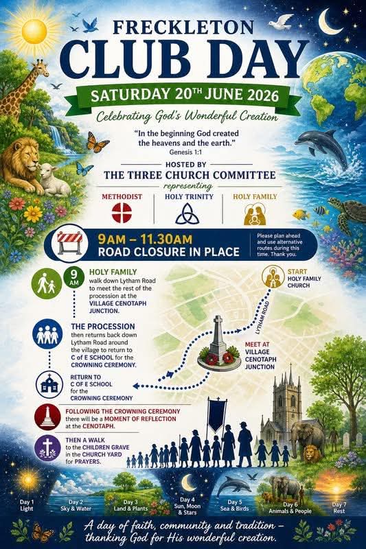 HolyTrinityFrec's tweet photo. Four weeks until our annual Club Day! 
We would love everyone in the community to get involved with this years Club Day theme! 

The Three Churches Committee
Freckleton Methodist Church, Holy Trinity Church, Holy Family Church https://t.co/OgljL0KWdQ