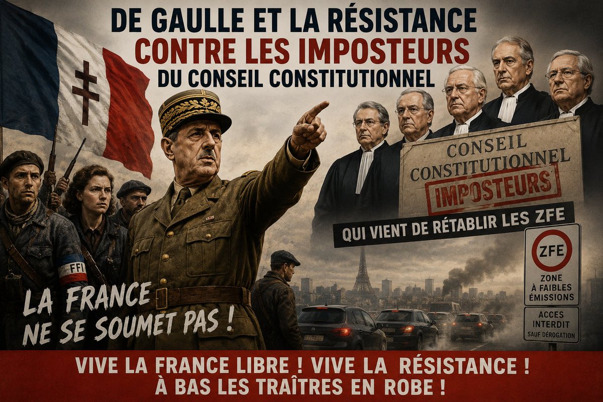 yetiblog's tweet photo. ZFE : les salopards du Conseil Constitutionnel
Qu'aurait pensé De Gaulle du Conseil constitutionnel annulant l'annulation des ZFE, votée par le Parlement et le Sénat ?

La suite sur Substack
https://t.co/4VDyom6r6n https://t.co/1BX9RD9eze
