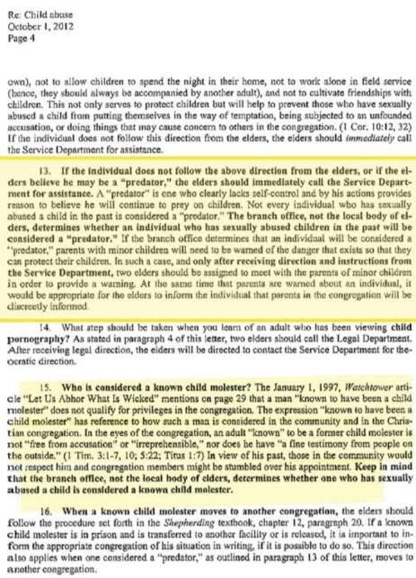 AvoidJWorg's tweet photo. 1/2 A 10/2012 Internal elders document says that the branch office - not the local elders, determines whether a man who SA children will officially be considered a ‘predator.’”
The same policy instructed elders to contact headquarters for “theocratic direction” in childP cases. https://t.co/K3HVSC89nh