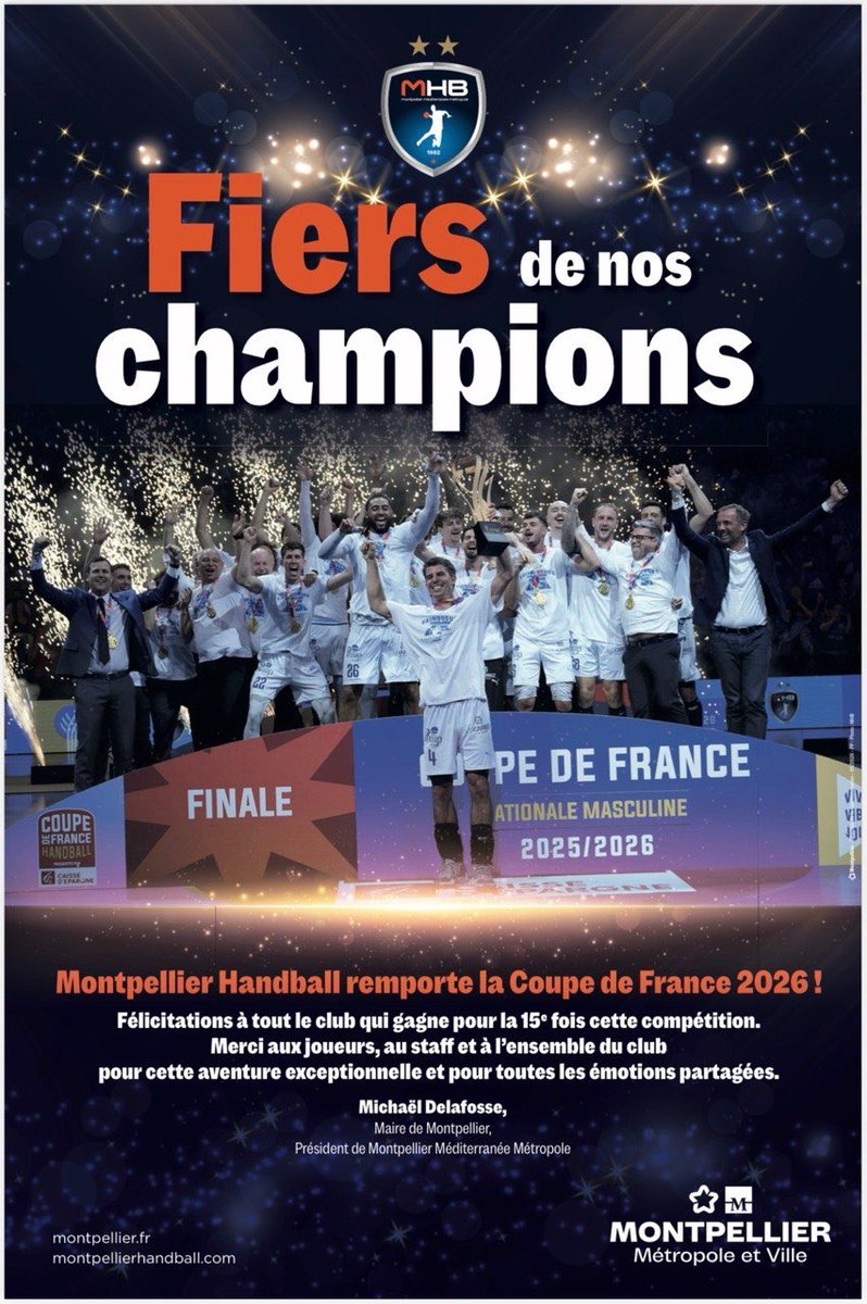 montpellier_'s tweet photo. Pour la 15ème fois de son histoire, le @mhbofficiel est sacré champion de France de handball 👏

Merci aux joueurs
Merci au staff
Merci à l'ensemble du club
Merci aux supporters et supportrices

Merci pour cette aventure exceptionnelle et pour toutes les émotions partagées 💙🤍 https://t.co/AADOZtwkrZ