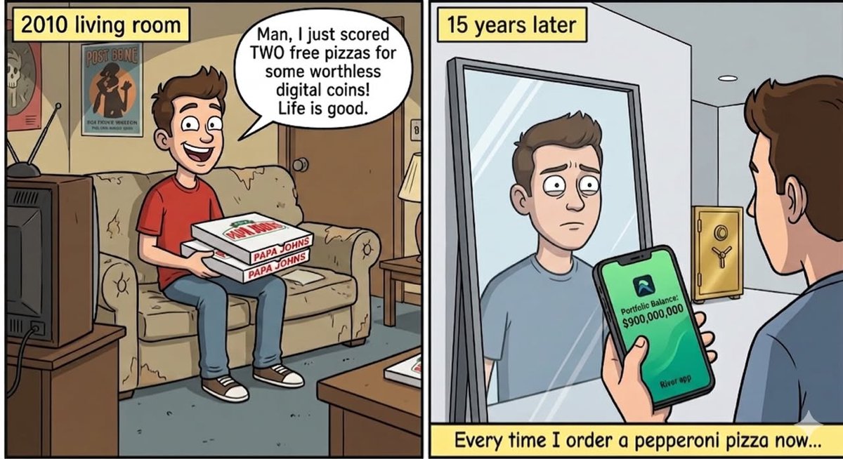 ekpo_elizabeth's tweet photo. Imagine opening your delivery app and realizing a past lunch cost you $900 Million. 🍕

Happy #BitcoinPizzaDay!

15 years ago, 10,000 BTC bought two pizzas because buying and holding crypto was chaotic.

Today, platforms like @RiverdotInc have completely changed the game:

🔹 Zero-Fee DCA: Easily set up recurring buys to stack your sats automatically.
🔹 Top-Tier Security: No risky forum deals, just institutional-grade cold storage.

We went from trading life-changing wealth for dinner to managing our assets with one click.
Stack it. Hold it. Just don’t spend it on pepperoni. 🌊

@River4fun