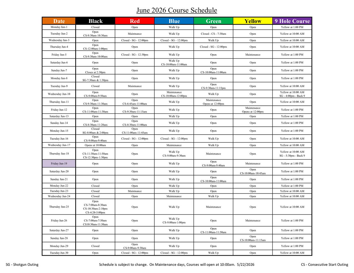 BethpageGolf's tweet photo. 🏌️ Please note: Schedules are subject to change.

📞 For the latest information, contact the Park Office at 516.249.0700 to confirm details.

Get your clubs ready and we’ll see you on the fairways! ⛳☀️ https://t.co/TL1QeRAVkQ