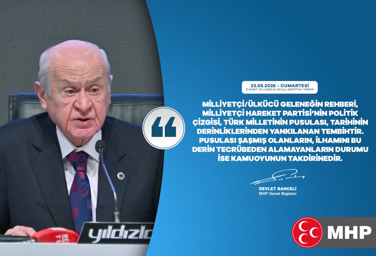 ayyildirim1's tweet photo. Milliyetçi/Ülkücü geleneğin rehberi, Milliyetçi Hareket Partisi’nin politik çizgisi, Türk milletinin pusulası, tarihinin derinliklerinden yankılanan tembihtir.
Pusulası şaşmış olanların, ilhamını bu derin tecrübeden alamayanların durumu ise kamuoyunun takdirinedir.

MHP Genel Başkanı
Devlet BAHÇELİ
