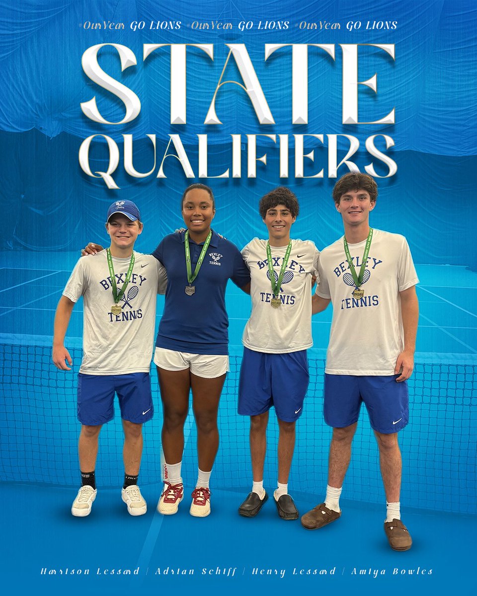 BexleyBoys10s's tweet photo. Congrats to our four state qualifiers!

Harrison Lessard- Singles District Champion 

Henry Lessard/Adrian Schiff- Doubles District Champions

Amiya Bowles- Singles District Runner-up

What a GREAT day it was to be a Lion! 🦁 

#GoLions #Bexley10s #OurYear #Family https://t.co/gQ2L9S6AGB