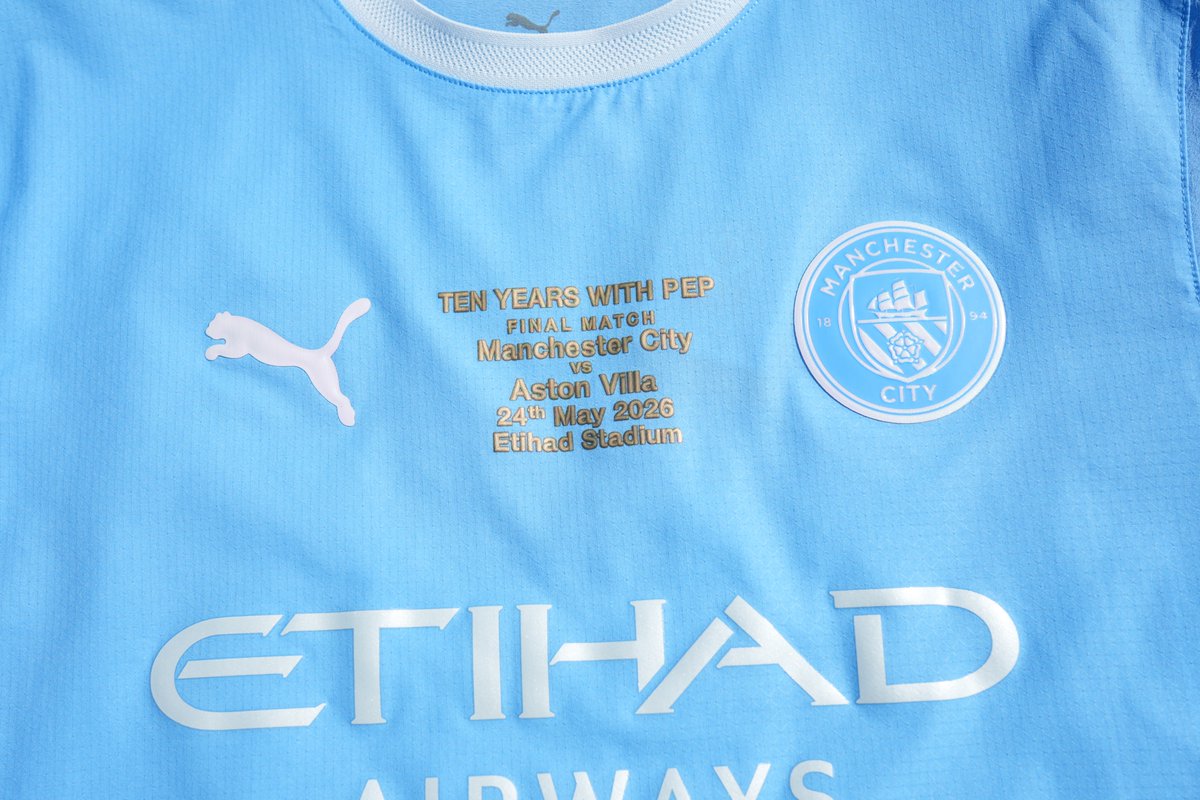 ManCity's tweet photo. To celebrate @PepTeam’s last game at the Club, we have created 500 exclusive matchday badges applied to the new 2026/27 home shirt 🩵

This exclusive matchday badge will only be available at the Stadium store on Sunday 24 May, opening from 10:00 (UK) 💫 https://t.co/01vX614wye