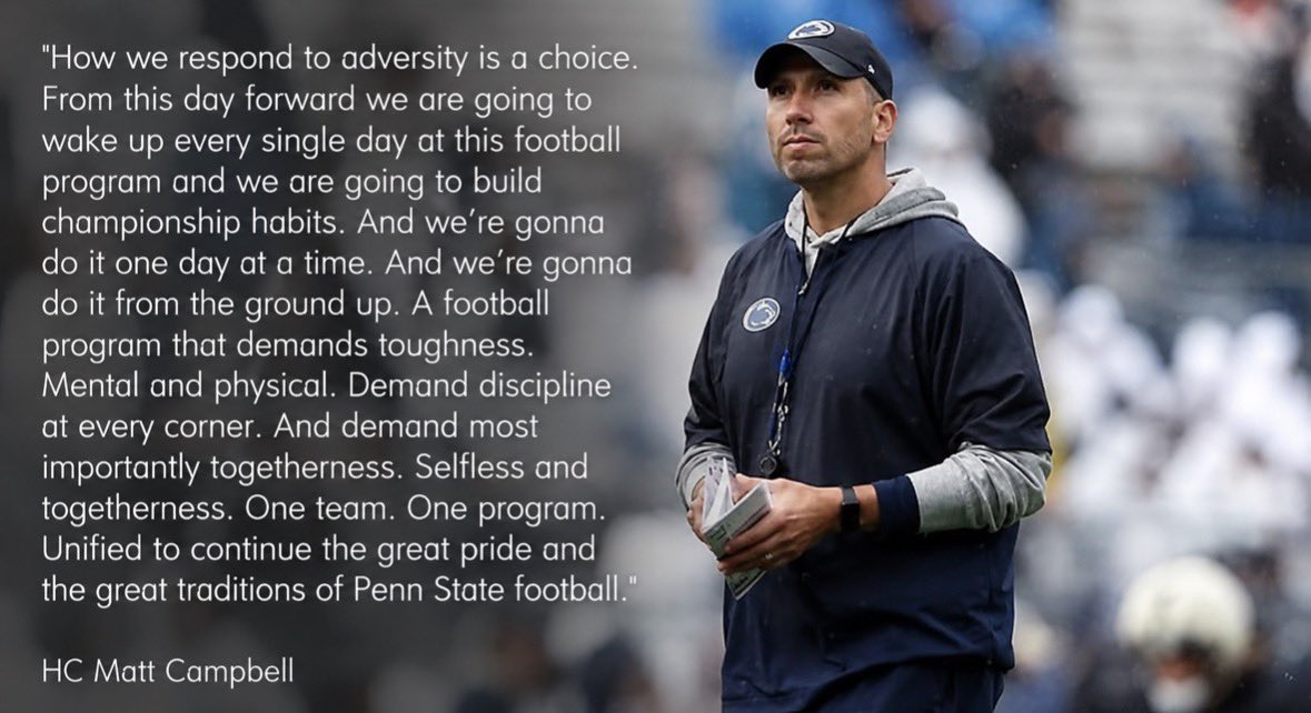WhiteOutFB's tweet photo. I’ve never felt this strongly about a Head Football Coach. The character this guy has. His personality is the perfect fit for this program. He gets it. He’s the Head Coach but the program is the program. The history. He’s just grateful to be leading. We are blessed Nittany Nation https://t.co/C7hpjSAnRh