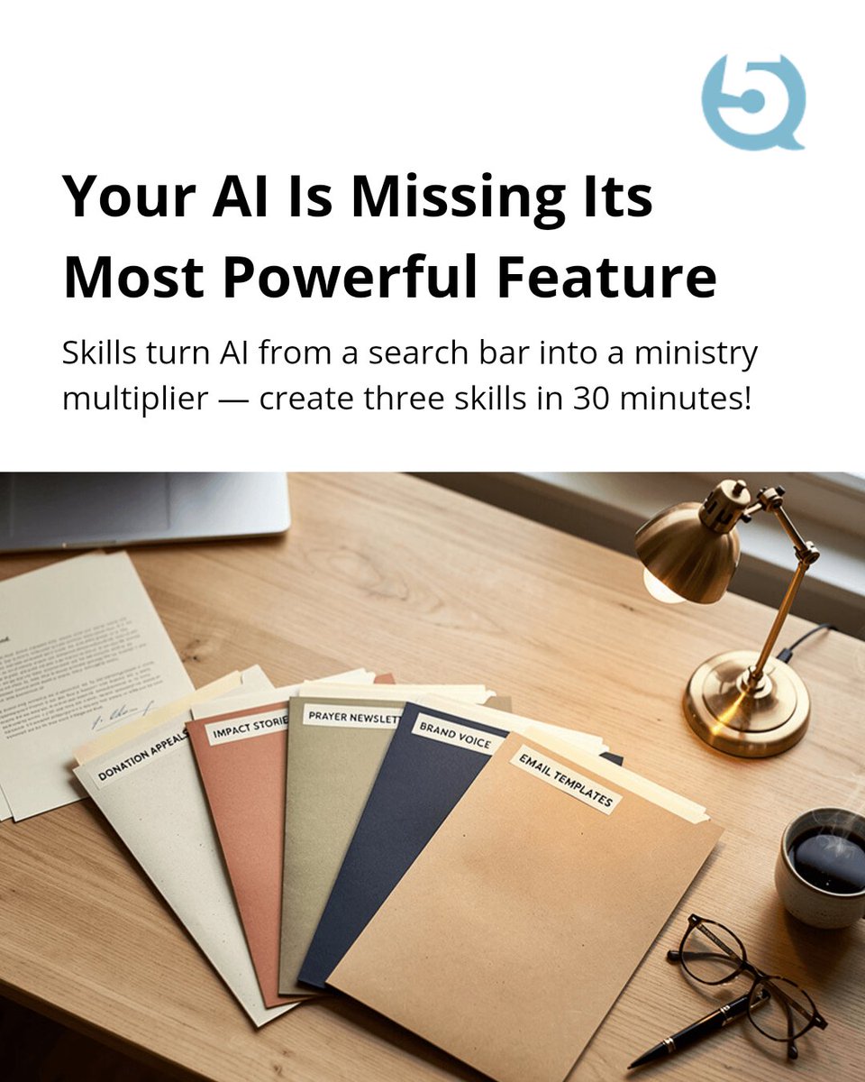 FiveQ's tweet photo. Most ministries use AI like a search engine—asking questions and moving on. But using AI Skills lets you amplify your mission. 

Ready to harness this power? 

The blog below includes 3 skills you can build in the next 30 minutes. 

https://t.co/GkNV9HDABD https://t.co/Vc305Zb1od