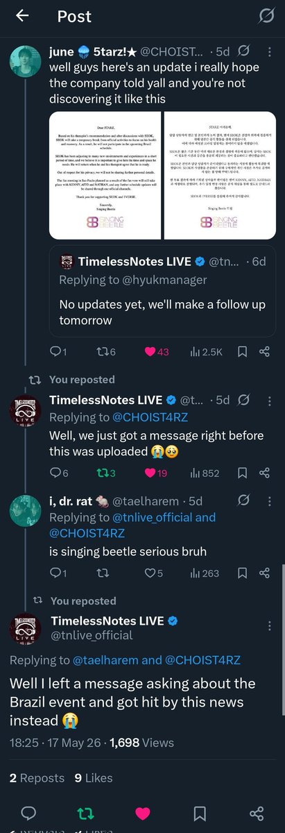 taelharem's tweet photo. you want a company to work with that actually respects you?
that won't happen with SINGING BEETLE!
they love giving last-minute notices, if they even give notices at all!

TREAT 1VERSE BETTER
#1VERSEDeservesBetter
#SingingBeetleDoBetter
#1VERSE @1VERSE_official @singingbeetle https://t.co/nNIXOd3iad