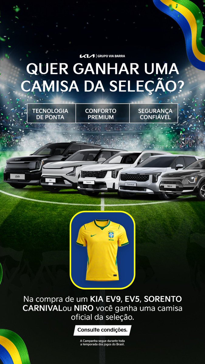 Theus_Lop027's tweet photo. SUV Premium zero na garagem ✅
Camisa oficial do Brasil nas costas ✅
A regra é clara: comprou um KIA Niro, Sorento, Carnival, EV5 ou EV9 na KIA Botafogo, o manto da Seleção vai de cortesia no banco do carona.
O estoque dessa ação é limitadíssimo. Quem avisa, amigo é!
21920112617 https://t.co/APvV2lQ6WS